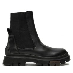 Sztyblety HUGO. Czarne botki Hugo, bez wzorów, bez obcasa, na płaskiej podeszwie, bez zapięcia. Za 579.99 zł.