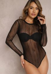 Czarne Body z Siateczki Zdobione Połyskującymi Paskami Livanna. Czarne body i gorsety Renee, z aplikacjami, bez ramiączek. W wyprzedaży za 39.99 zł.