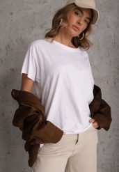 Biały T-shirt Basic Oversize z Bawełny Elusis. Białe t-shirty Renee, m, bez wzorów, z bawełny, eleganckie, bez kołnierzyka, bez ramiączek. Za 39.99 zł.