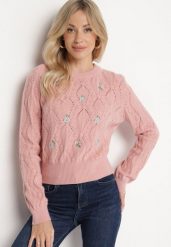Różowy Sweter Ozdobiony Tłoczeniem i Kwiatkami Eretina. Czerwone swetry Born2be, m, z aplikacjami, z jeansu, bez ramiączek. W wyprzedaży za 127.49 zł.