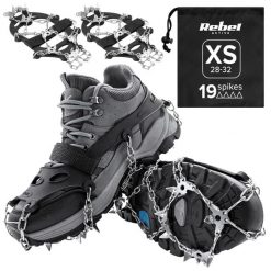 Raczki z kolcami nakładki na buty turystyczne rozmiar XS 28-32 REBEL. Szare buty trekkingowe REBEL ACTIVE, z materiału, bez zapięcia. Za 39.99 zł.