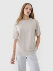 4F T-shirt oversize gładki damski - beżowy S. Brązowe t-shirty 4f, s, bez wzorów, z bawełny, klasyczne, bez kołnierzyka, bez ramiączek. W wyprzedaży za 39.99 zł.
