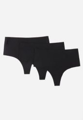 Czarne 3-Pack Majtki Bezszwowe Typu Stringi High Waist Cinossa. Czarne stringi Renee, bez wzorów, z satyny. Za 49.99 zł.