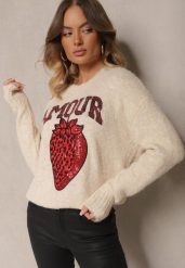 Jasnobeżowy Sweter z Dodatkiem Wełny Ozdobiony Naszywką Truskawką i Napisem Zozizelle. Brązowe swetry Renee, m, z aplikacjami, z wełny, casualowe, bez ramiączek. W wyprzedaży za 127.99 zł.