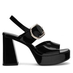 Sandały Eva Minge. Czarne sandały Eva Minge, bez wzorów, bez obcasa, na słupku, bez zapięcia. Za 399.99 zł.