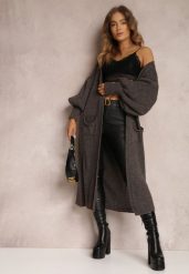 Ciemnoszary Kardigan Długi z Bufiastym Rękawem Mesho. Szare swetry Renee, bez wzorów, z jeansu, eleganckie, bez ramiączek. W wyprzedaży za 119.99 zł.