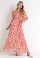 Pomarańczowa Sukienka Maxi z Wiskozy z Wiązanym Paskiem Maridia. Brązowe sukienki Born2be, l, bez wzorów, z materiału, bez kołnierzyka, bez ramiączek, maxi, kopertowe. Za 79.99 zł.