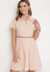Różowa Bawełniana Sukienka Koszulowa z Paseczkiem Wenilise. Czerwone sukienki Born2be, na co dzień, l, bez wzorów, z bawełny, eleganckie, bez kołnierzyka, bez ramiączek, mini, koszulowe. Za 129.99 zł.