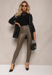 Ciemnozielone Ocieplane Legginsy z Imitacji Skóry Prasata. Zielone legginsy Renee, bez wzorów, z jeansu. W wyprzedaży za 43.99 zł.