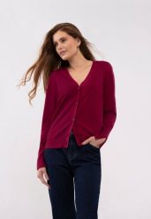 Krótki kardigan S-VIVI. Czerwone swetry Volcano, s, bez wzorów, z materiału, eleganckie, bez ramiączek. Za 139.99 zł.
