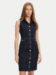 Guess Sukienka jeansowa W5YK24 D5PW1 Granatowy Regular Fit. Niebieskie sukienki Guess, xxl, z aplikacjami, z bawełny, bez kołnierzyka, bez ramiączek. Za 695.00 zł.
