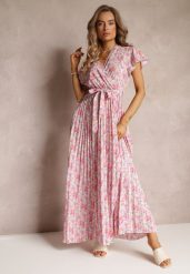 Jasnoróżowa Plisowana Sukienka Maxi w Kwiatki z Gumką w Talii Ikama. Czerwone sukienki Renee, l, bez wzorów, z materiału, bez kołnierzyka, bez ramiączek, maxi. W wyprzedaży za 67.99 zł.