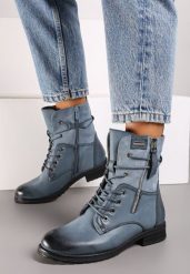 Niebieskie Botki Workery z Łączonych Materiałów z Ozdobnym Suwakiem Debiora. Niebieskie botki Born2be, bez wzorów, z jeansu, eleganckie, bez obcasa, na płaskiej podeszwie, bez zapięcia. Za 139.99 zł.