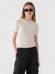 4F T-shirt slim crop-top gładki damski - beżowy S. Brązowe t-shirty 4f, s, bez wzorów, z dzianiny, sportowe, bez kołnierzyka, bez ramiączek. W wyprzedaży za 29.99 zł.