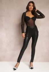 Czarne Spodnie Skinny z Imitacji Skóry i Paskiem Bisrattema. Czarne jeansy Renee, l, bez wzorów, z dzianiny. W wyprzedaży za 151.99 zł.