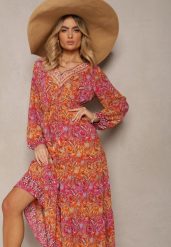 Czerwona Sukienka z Dekoltem w V o Rozkloszowanym Fasonie w Print Paisley Akka. Czerwone sukienki Renee, na co dzień, l, bez wzorów, z zamszu, eleganckie, bez kołnierzyka, bez ramiączek, maxi, rozkloszowane. W wyprzedaży za 76.99 zł.