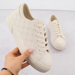 Trampki damskie eko skóra logowane beżowe Big Star RR274336. Brązowe trampki BIG STAR, bez wzorów, ze skóry ekologicznej, retro, bez zapięcia. Za 94.50 zł.