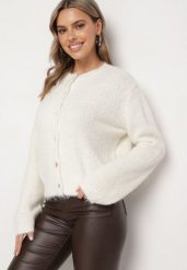 Biały Casualowy Kardigan o Klasycznym Kroju Riathiel. Białe swetry Born2be, uniwersalny, bez wzorów, z jeansu, eleganckie, bez ramiączek. W wyprzedaży za 161.49 zł.