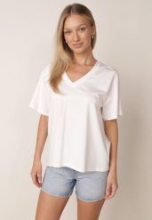 Biały T-shirt z Bawełny z Trójkątnym Dekoltem Siliphe. Białe t-shirty Born2be, uniwersalny, bez wzorów, z bawełny, biznesowe, bez kołnierzyka, bez ramiączek. Za 79.99 zł.
