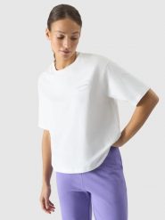 4F T-shirt oversize z nadrukiem damski - biały S. Białe t-shirty 4f, s, bez wzorów, z bawełny, klasyczne, bez kołnierzyka, bez ramiączek. W wyprzedaży za 49.99 zł.