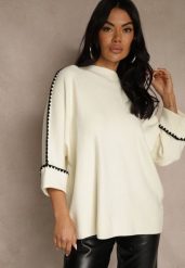 Jasnobeżowy Sweter Ozdobiony Lamówką na Rękawach Tusenna. Brązowe swetry Renee, bez wzorów, z jeansu, casualowe, bez ramiączek. Za 89.99 zł.