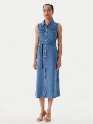 Morgan Sukienka jeansowa 251-RJEAN Niebieski Regular Fit. Niebieskie sukienki Morgan, bez wzorów, z bawełny, bez kołnierzyka, bez ramiączek. Za 499.99 zł.