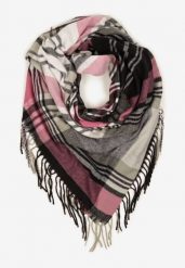 Szaro-Różowy Kraciasty Szalik z Wiskozy i Bawełny z Frędzlami Relavis. Szare szaliki i kominy Renee, na zimę, bez wzorów, z bawełny, retro. Za 29.99 zł.