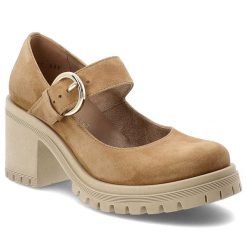 Półbuty damskie Armodo, cholewka ze skóry naturalnej zamszowej pasek z regulacją na metalową klamrę zabudowany przód na wysokim obcasie, brązowe, 201. Brązowe półbuty wsuwane Armodo, bez wzorów, ze skóry, bez obcasa. Za 359.00 zł.