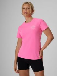 4F T-shirt regular z nadrukiem damski - różowy XS. Czerwone t-shirty 4f, xs, bez wzorów, z bawełny, klasyczne, bez kołnierzyka, bez ramiączek. Za 59.99 zł.