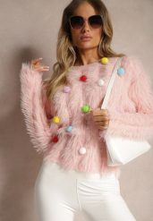 Różowy Sweter z Dodatkiem Wełny z Alpaki i Kolorowymi Pomponami Felinora. Czerwone swetry Renee, bez wzorów, z wełny, casualowe, bez ramiączek. W wyprzedaży za 87.99 zł.