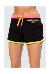 MOSCHINO Czarne szorty damskie z neonowym logo, Rozmiar XS. Czarne szorty MOSCHINO, bez wzorów, z bawełny. W wyprzedaży za 299.99 zł.
