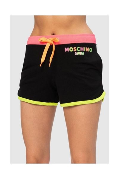 MOSCHINO Czarne szorty damskie z neonowym logo, Rozmiar XS. Czarne szorty MOSCHINO, bez wzorów, z bawełny. W wyprzedaży za 285.99 zł.