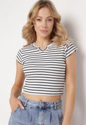 Biało-Czarny Bawełniany T-shirt Koszulka z Krótkim Rękawem i Wycięciem przy Dekolcie Zolianara. Białe t-shirty Born2be, m, bez wzorów, z bawełny, bez kołnierzyka, bez ramiączek. Za 59.99 zł.