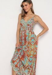 Pomarańczowo-Niebieska Wiskozowa Sukienka w Stylu Boho na Regulowanych Ramiączkach z Dekoltem w Serek Xalflea. Brązowe sukienki Born2be, s, bez wzorów, z materiału, boho, bez kołnierzyka, bez ramiączek, maxi. Za 89.99 zł.