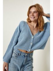 Happiness Istanbul Kardigan w kolorze błękitnym rozmiar: onesize. Niebieskie swetry Happiness Istanbul, bez wzorów, ze splotem, bez ramiączek. Za 61.17 zł.