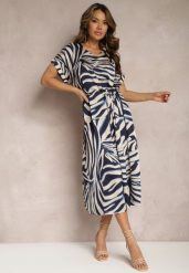 Beżowo-Granatowa Midi Sukienka Pudełkowa w Animal Print z Paskiem Avula. Brązowe sukienki Renee, xl, bez wzorów, eleganckie, bez kołnierzyka, bez ramiączek, maxi. W wyprzedaży za 90.99 zł.