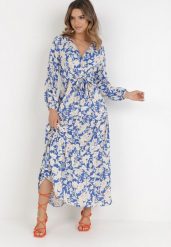 Niebieska Sukienka Naerippe. Niebieskie sukienki Born2be, l, bez wzorów, z materiału, bez kołnierzyka, bez ramiączek, maxi, kopertowe. W wyprzedaży za 55.99 zł.