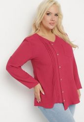 Fuksjowa Bluzka z Ozdobnymi Guzikami i Kieszonką Ilavinna. Czerwone bluzki Born2be, xl, bez wzorów, z jeansu, eleganckie, bez kołnierzyka, bez ramiączek. W wyprzedaży za 63.74 zł.