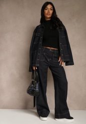 Granatowe Szerokie Jeansy z Bawełną High Waist Ozdobione Kieszeniami Lalla. Niebieskie jeansy Renee, l, bez wzorów, z bawełny, eleganckie, z podwyższonym stanem. Za 99.99 zł.