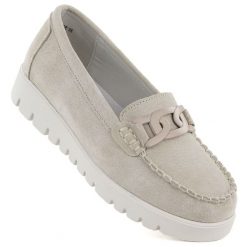 Skórzane mokasyny damskie zamszowe komfortowe beżowe Evento 7304. Brązowe mokasyny eVento, bez wzorów, z nubiku. Za 179.99 zł.