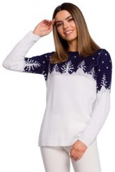 Sweter z Motywem Choinek -- Granatowy. Niebieskie swetry MOE, uniwersalny, bez wzorów, z materiału, bez ramiączek. Za 211.90 zł.