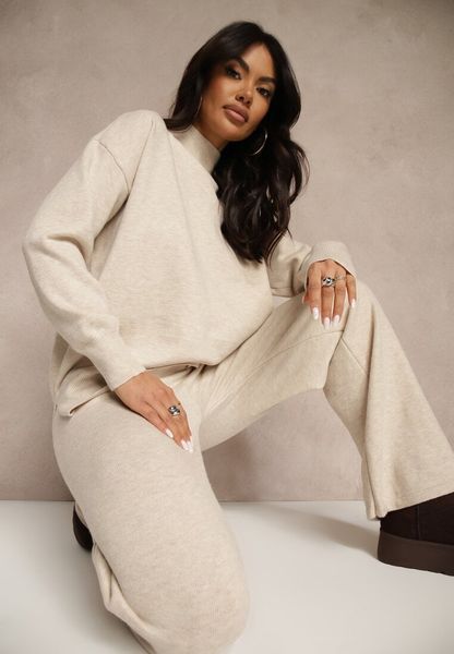 Jasnobeżowy Komplet Dzianinowy z Wełną i Bawełną Sweter Golf i Szerokie Spodnie Reipella. Brązowe swetry Renee, bez wzorów, z bawełny, eleganckie, bez ramiączek. Za 129.99 zł.