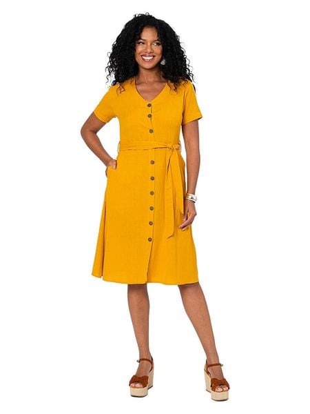 Aller Simplement Sukienka w kolorze żółtym rozmiar: 42. Żółte sukienki Aller Simplement, bez wzorów, klasyczne, bez kołnierzyka, bez ramiączek, midi. Za 100.99 zł.