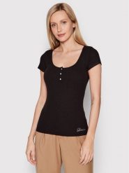 Guess Bluzka W2YP24 KBCO2 Czarny Slim Fit. Czarne bluzki Guess, xs, z aplikacjami, z wiskozy, bez kołnierzyka, bez ramiączek. Za 132.00 zł.