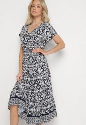 Granatowa Bawełniana Sukienka Rozkloszowana we Wzór Paisley Lanadira. Niebieskie sukienki Born2be, l, bez wzorów, z bawełny, boho, bez kołnierzyka, bez ramiączek, midi, rozkloszowane. W wyprzedaży za 42.49 zł.