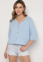 Jasnoniebieski Kardigan z Wełną z Rękawami Długości 3/4 Iffolara. Niebieskie swetry Born2be, uniwersalny, bez wzorów, z wełny, eleganckie, bez ramiączek. W wyprzedaży za 127.49 zł.