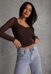 Ciemnobrązowa Bluzka Longsleeve z Siateczki z Wiskozą z Dekoltem w Serce Elinevia. Brązowe bluzki Renee, l, bez wzorów, z wiskozy, bez kołnierzyka, bez ramiączek. Za 109.99 zł.