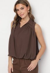 Brązowa Bluza Rozkloszowana Oversize z Kołnierzykiem Eridwen. Brązowe bluzy Born2be, m, bez wzorów, klasyczne, bez ramiączek, bez kaptura. Za 79.99 zł.