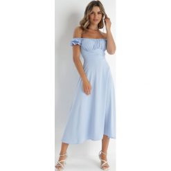 Niebieska Sukienka Midi z Dekoltem Carmen i Bufiastymi Rękawkami Amarhis. Niebieskie sukienki Born2be, na co dzień, l, bez wzorów, eleganckie, bez kołnierzyka, bez ramiączek, midi, proste. W wyprzedaży za 101.99 zł.