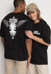 Czarna Koszulka T-shirt z Ozdobnym Napisem i Nadrukiem na Plecach Ballis. Czarne t-shirty Born2be, l, bez wzorów, z jeansu, bez kołnierzyka, bez ramiączek. W wyprzedaży za 38.24 zł.
